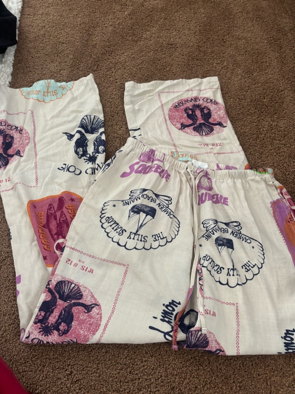 Angel Kiss Cream Wide Leg Pants with Purple & Navy Graphic Print